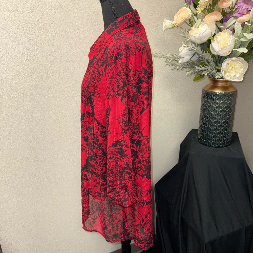Catherines Red Black Sheer Tunic Blouse 1X Plus Size Gothic Boho - Picture 3 of 8